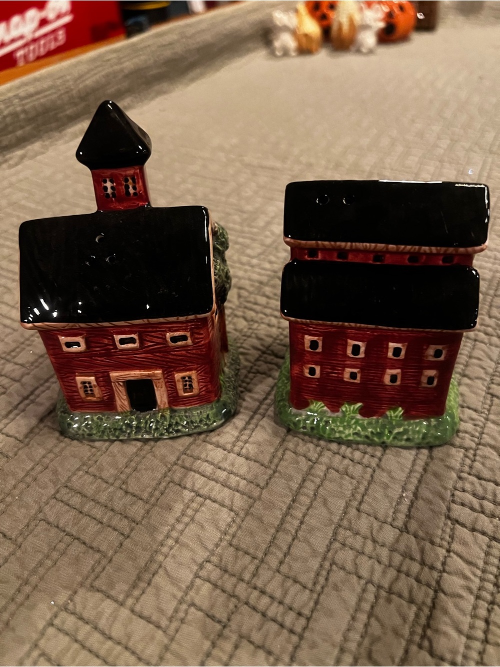Sakura Red Ceramic House Salt & Pepper Set with Black Roofs